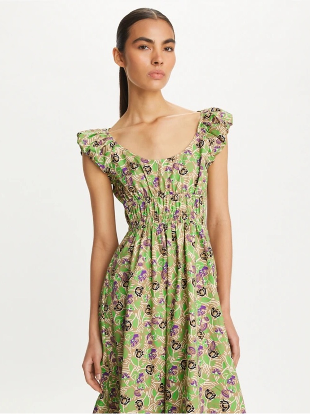 Tory Burch Floral Print Smocked Waist Midi Poplin Dress Green Size XS S